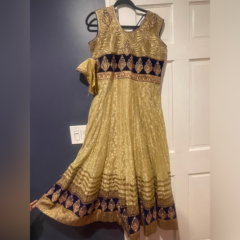 Indian Party outfit. Golden and navy blue Anarkali.